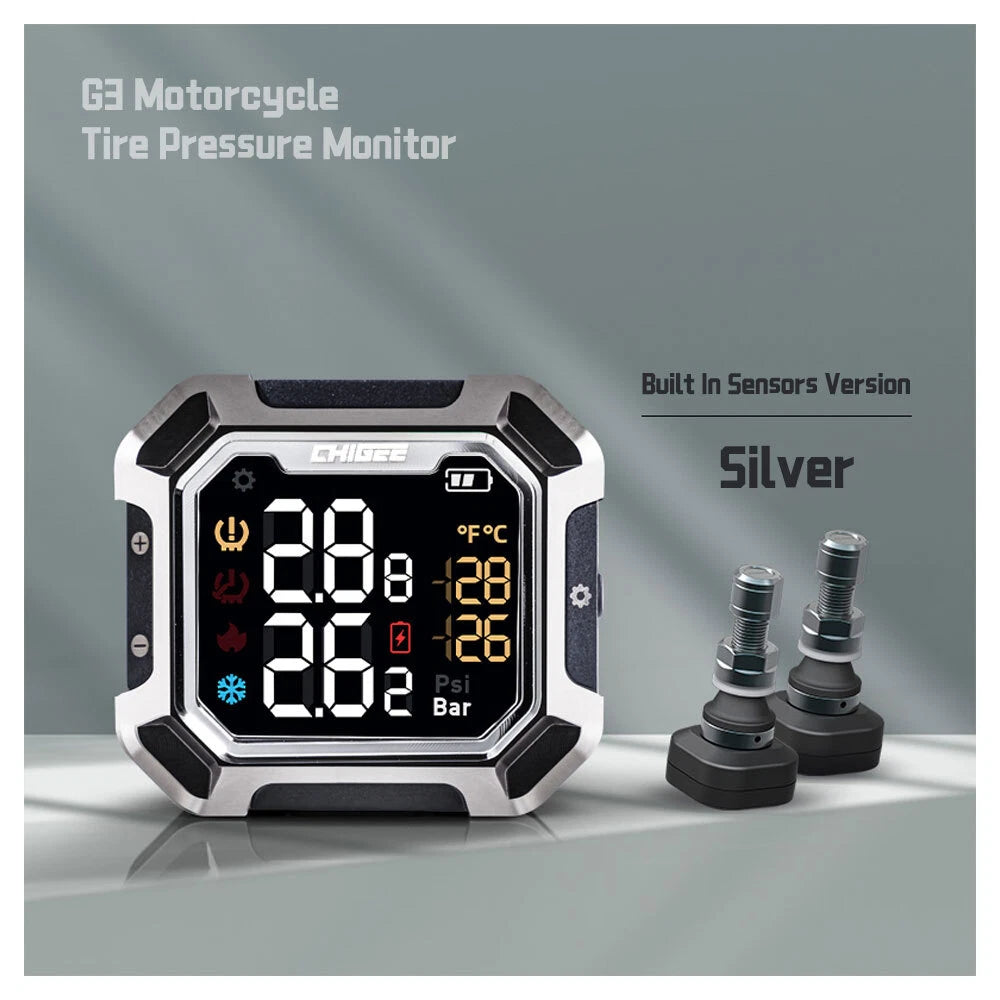 G3 Motorcycle Tire Pressure Monitor with built-in internal sensors on a gray background