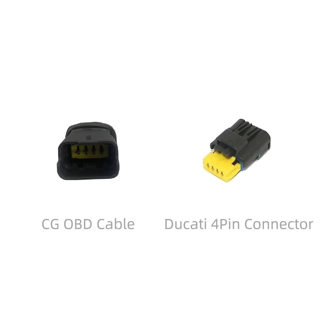 CG OBD Cable and Ducati 4Pin Connector on a white background