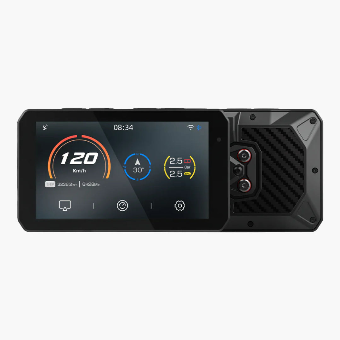 The Chigee AIO-5 is your compact smart riding companion — linking front and rear cameras, showing live stats, and built tough with a sleek, weatherproof handlebar display.