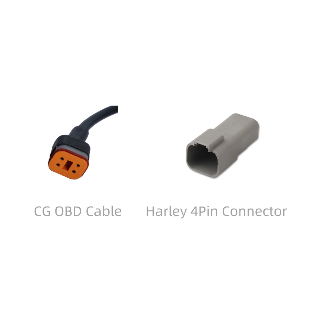 CG OBD Cable and Harley 4Pin Connector on a white background