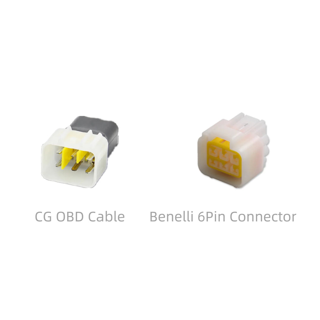 Two connectors labeled 'CG OBD Cable' and 'Benelli 6Pin Connector' on a white background.