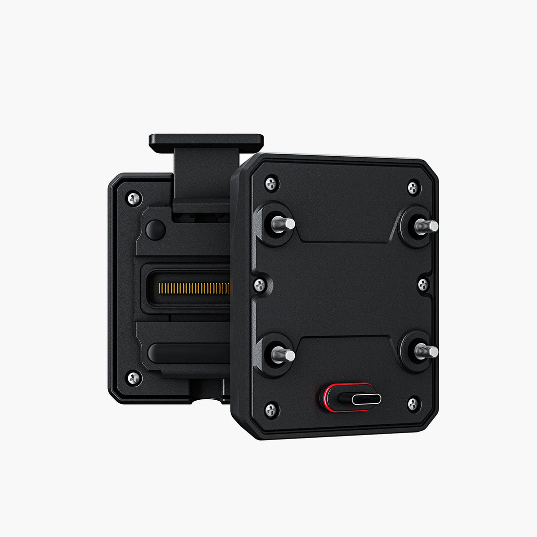 Black metal quick release bracket with connectors on a white background