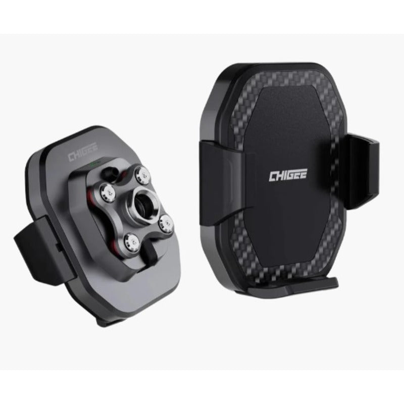 A black CHIGEE CG-2 wireless phone holder with a carbon fiber pattern, designed for a Honda Gold Wing motorcycle.
