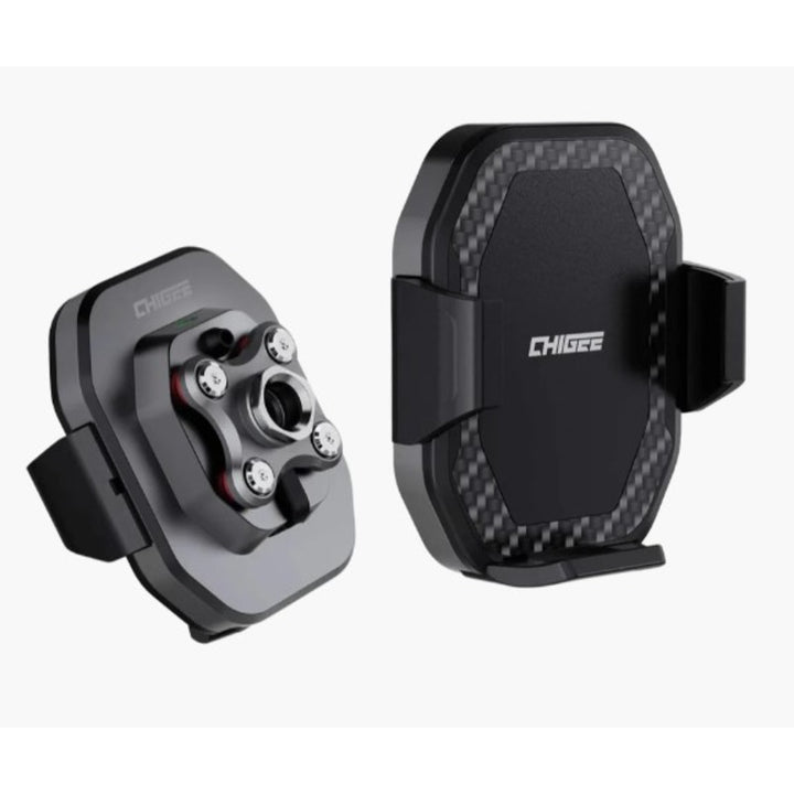 A black CHIGEE CG-2 wireless phone holder with a carbon fiber pattern, designed for a Honda Gold Wing motorcycle.