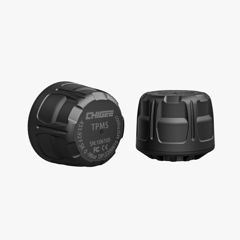 Two black CHIGEE external tire pressure sensors are displayed against a white background.