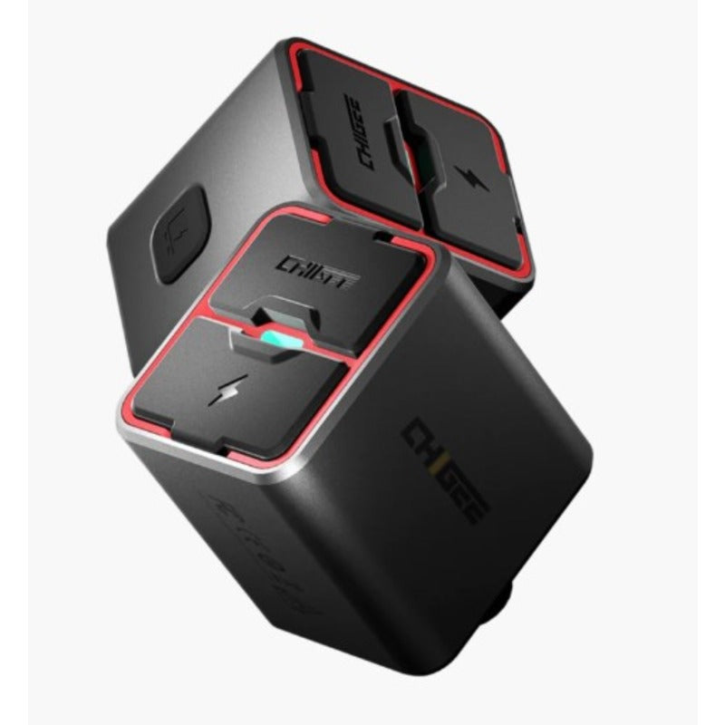 A black CHIGEE TR100 quick charger with red accents for a motorcycle for charging devices.