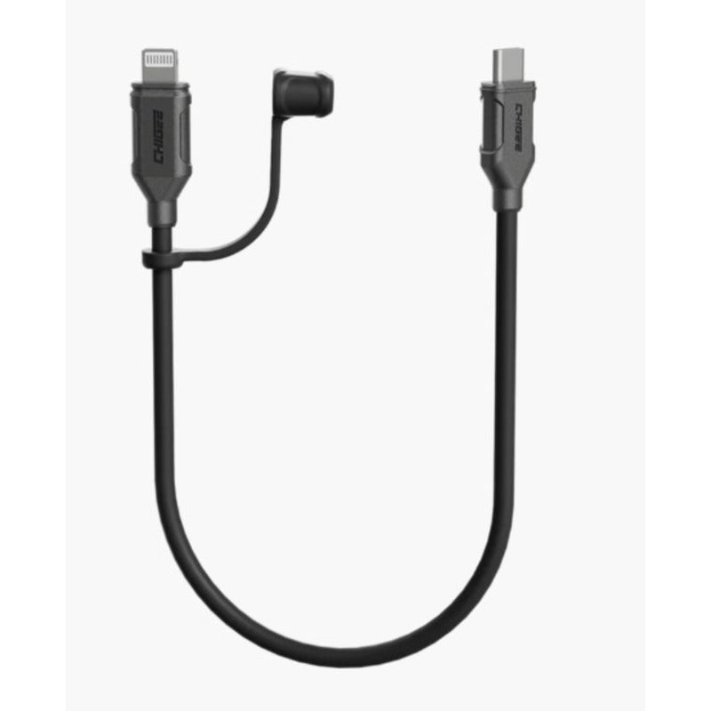 A black Chigee brand Type-C to iPhone Lightning cable with a waterproof cap.