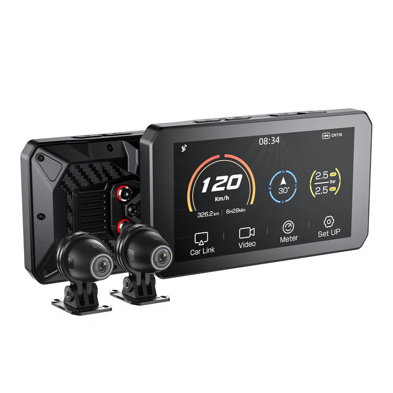 The Chigee AIO-5 LITE device is your compact smart riding companion — linking front and rear cameras, showing live stats, and built tough with a sleek, waterproof handlebar display.