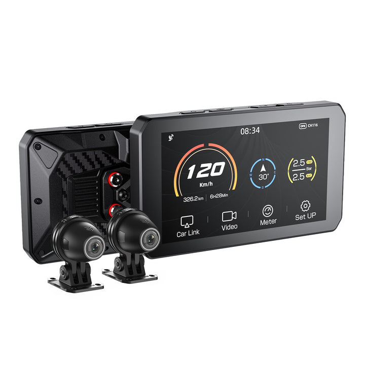 The Chigee AIO-5 LITE device is your compact smart riding companion — linking front and rear cameras, showing live stats, and built tough with a sleek, waterproof handlebar display.