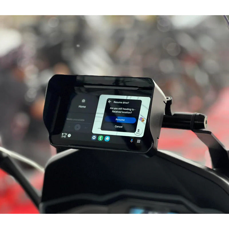 Chigee sun shade accessory on a smart riding device mounted to a motorcycle.