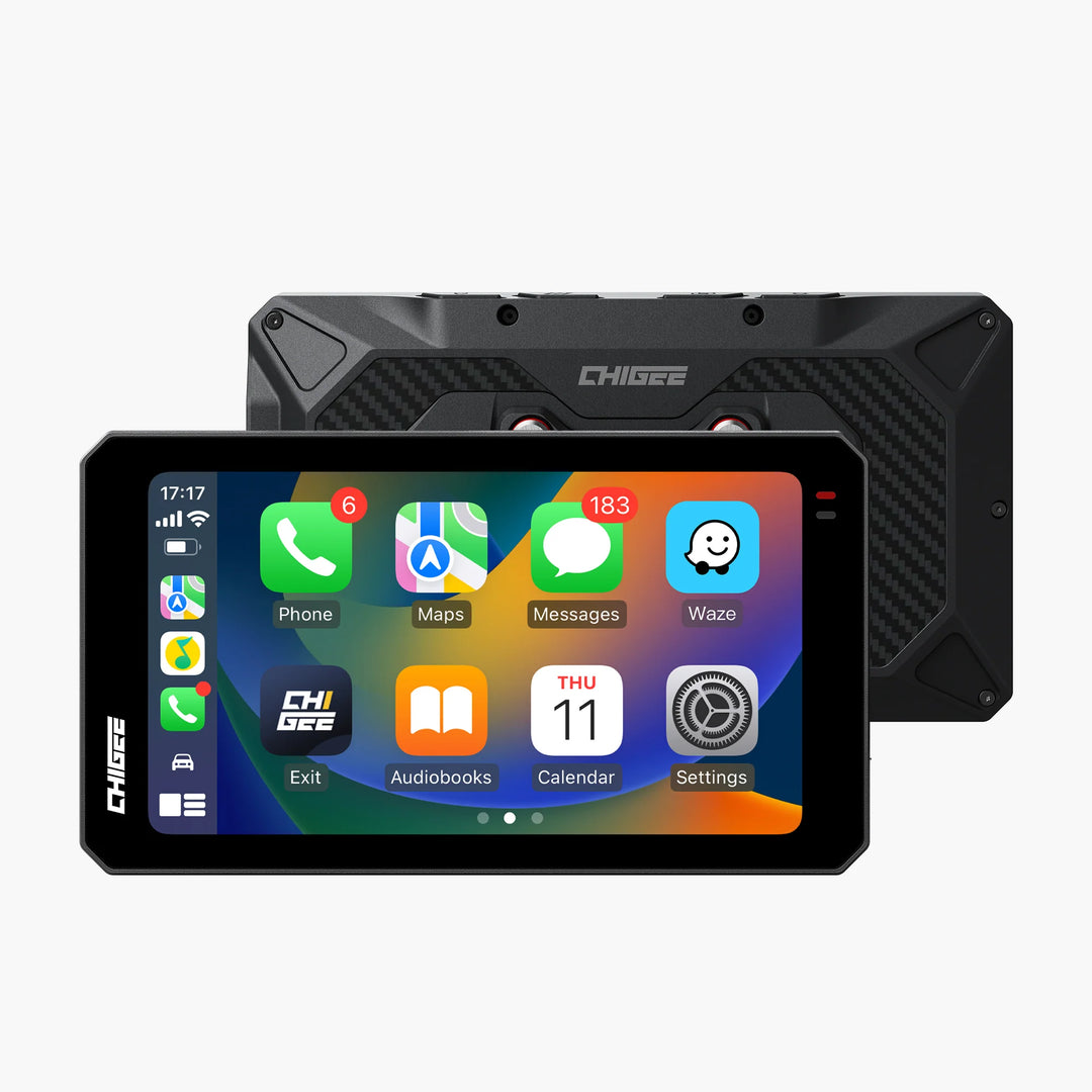 The Chigee AIO-6 mobile device — a smart, all-in-one motorcycle device that works with front and rear cameras, a sleek handlebar display, offering real-time ride data. Waterproof, connected, and built for riders who want more from every journey.