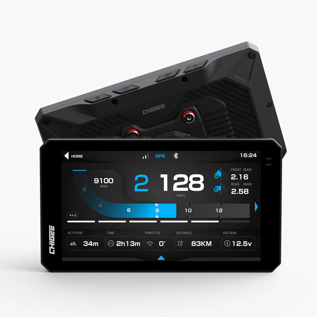 Smart, compact, and built for the road — the Chigee AIO-6 LITE connects with your front and rear cameras, displays live ride stats, and mounts seamlessly to your bars with a tough, weatherproof finish.