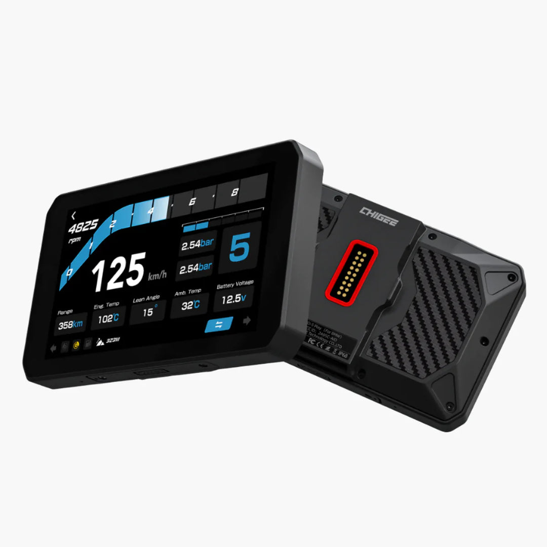 Black electronic Chigee smart riding device with digital display on a white background