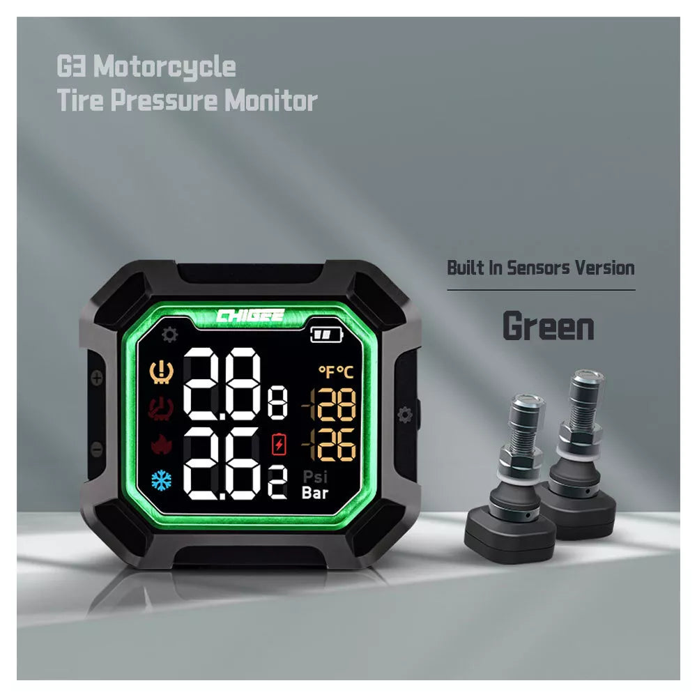 G3 Motorcycle Tire Pressure Monitor with internal sensors on a gray background