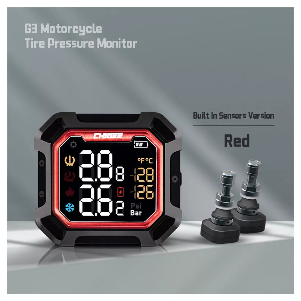 G3 Motorcycle Tire Pressure Monitor with built-in internal sensors on a gray background