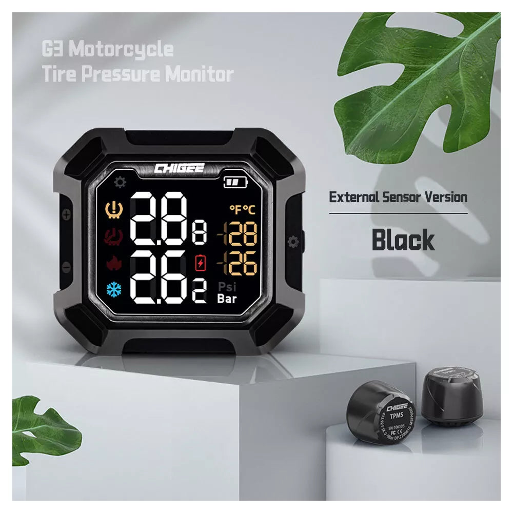 Motorcycle tire pressure monitor with digital display on a white background
