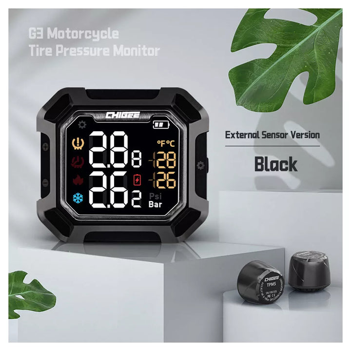 Motorcycle tire pressure monitor with digital display on a white background