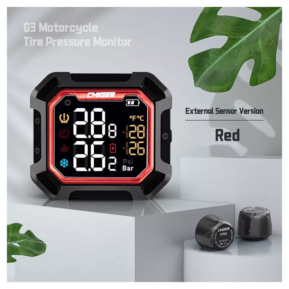 G3 Motorcycle External Sensor Tire Pressure Monitor with digital display on a white background