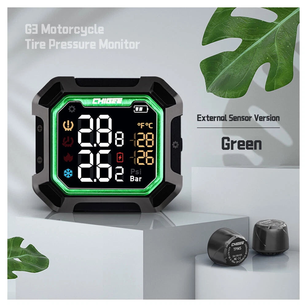 G3 Motorcycle External Sensor Tire Pressure Monitor with digital display on a white background