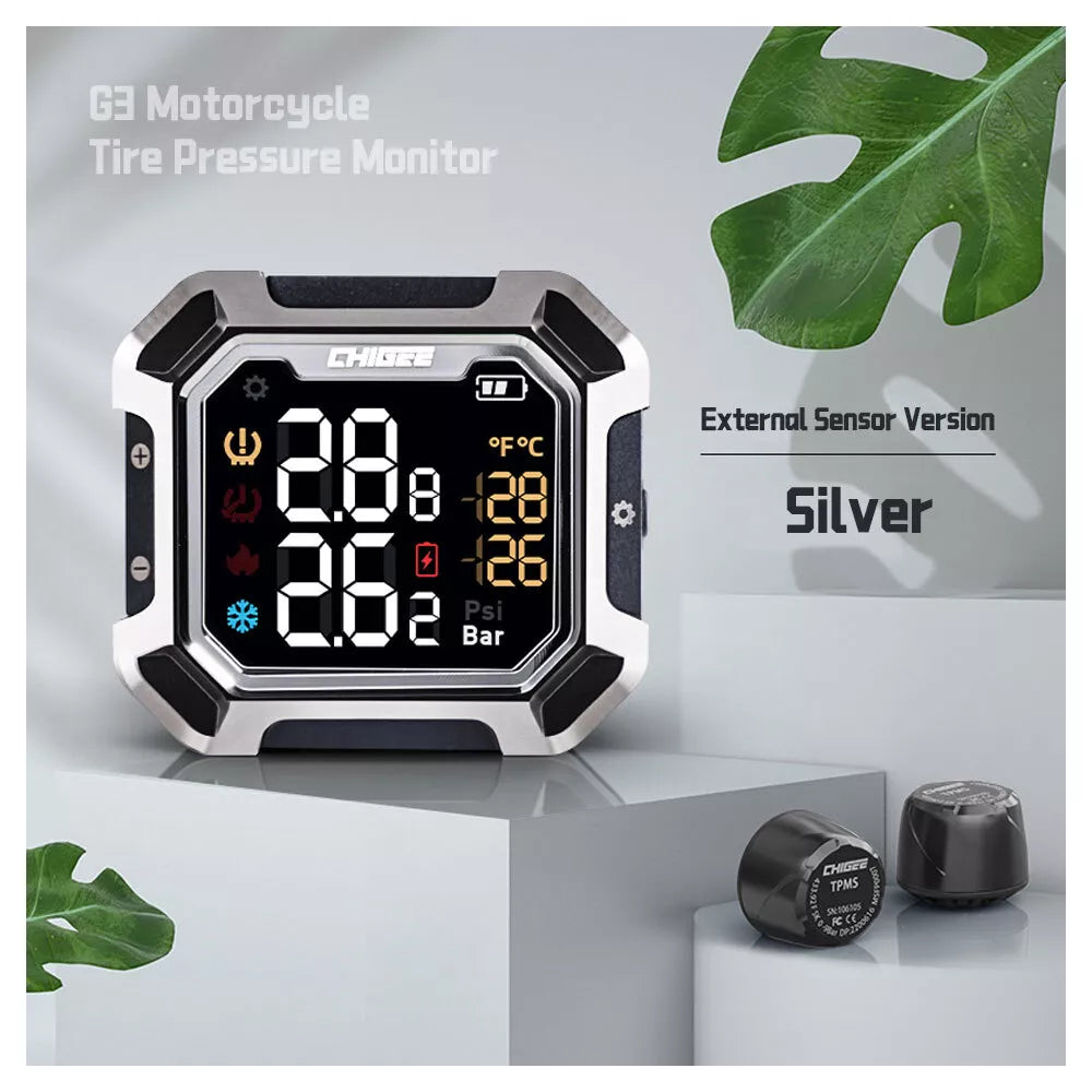 Motorcycle External Sensor tire pressure monitor with digital display on a white background