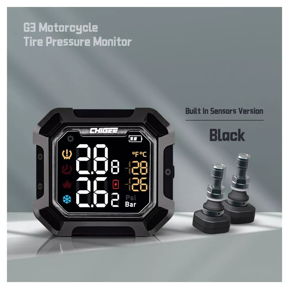 G3 Motorcycle Tire Pressure Monitor with internal sensors on a gray background