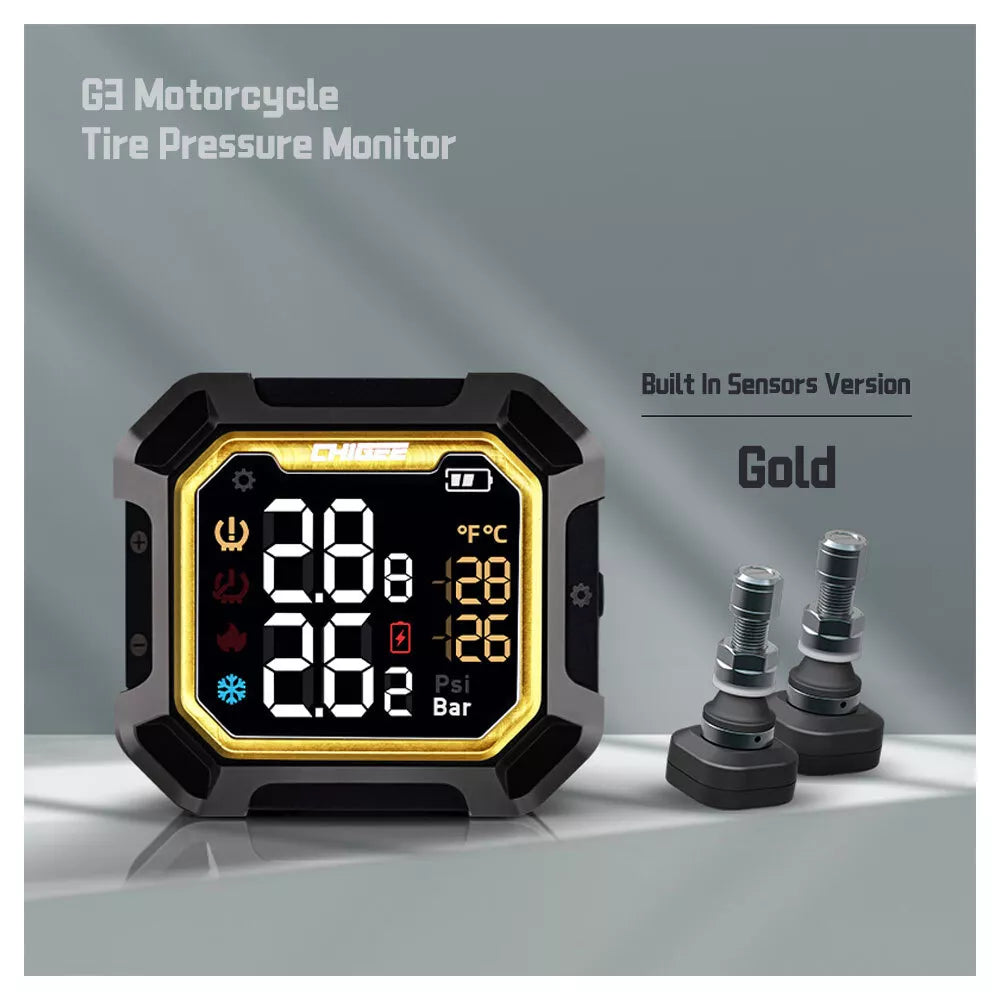 G3 Motorcycle Tire Pressure Monitor with internal sensors on a gray background